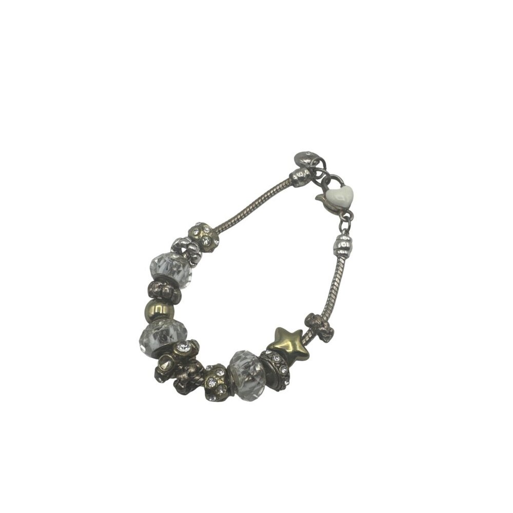 Crystal Beaded Bracelet Silver Tone Heart Star Charms Adjustable Chain Jewelry